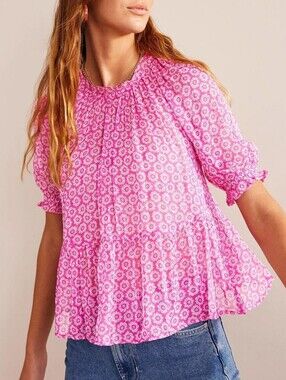 Boden Pink Floral Metallic Puff Sleeve Peplum Top | US 6 UK 10